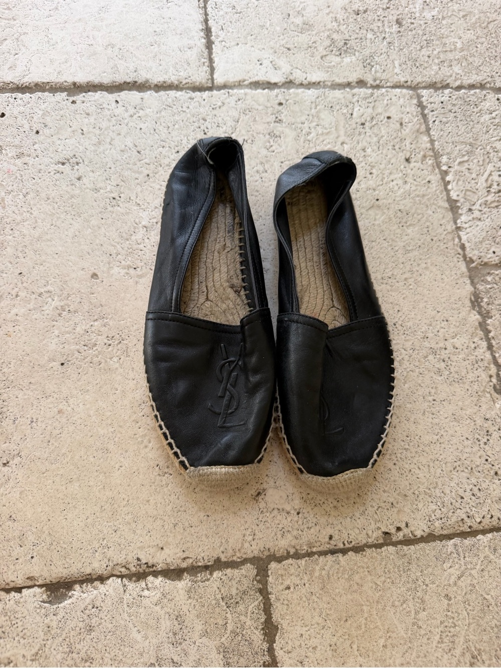 Saint Laurent Black Leather Espadrilles with Embossed Logo